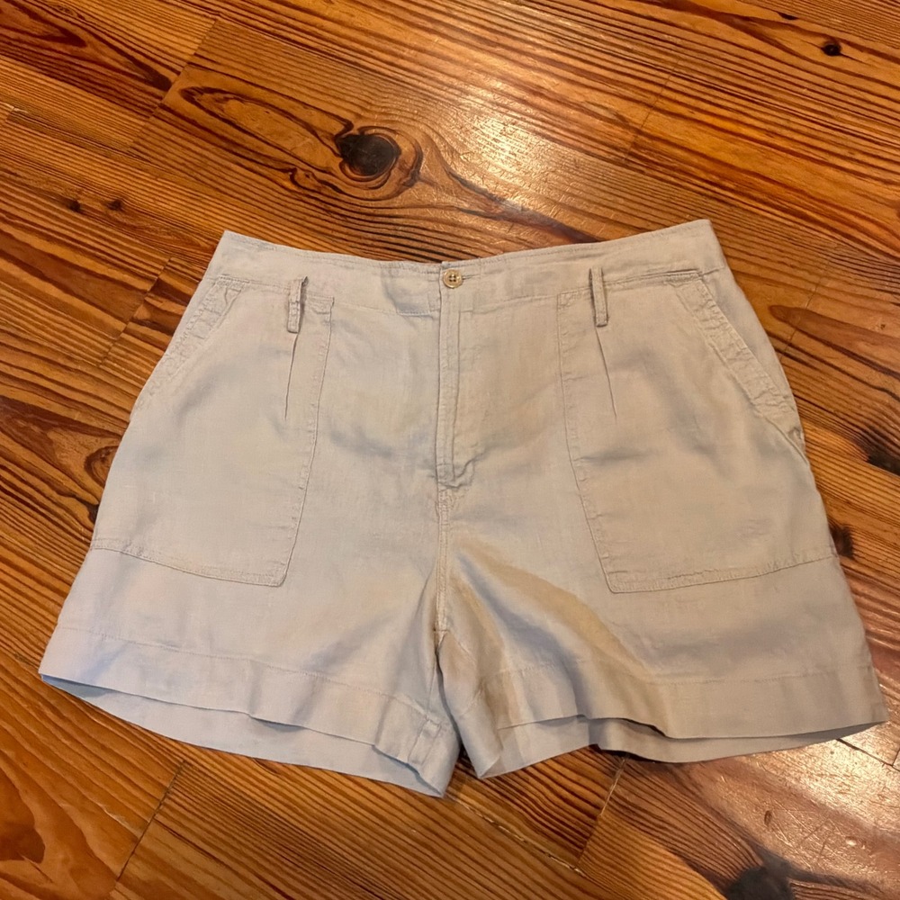 Ralph Lauren Womens Utility Shorts 14 100% Linen Khaki High Rise Beach READ
